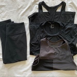 Set of 4 - Black Nike Leggings and 3 Tanks